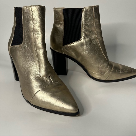 Schutz Happy Platina Gold Leather Chelsea Block Booties Pointed Toe Formal - Picture 2 of 14